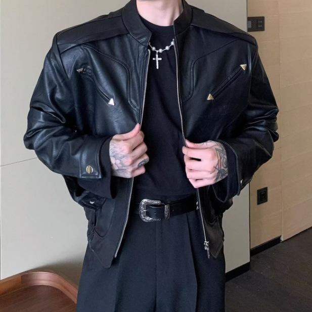 Trendy brand shoulder pads versatile autumn and winter casual American men's jacket new loose leather jacket locomotive clothing