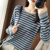 Women's Spring and Fall Cotton Striped Bottoming Shirt Round Neck Long Sleeve Loose T-shirt