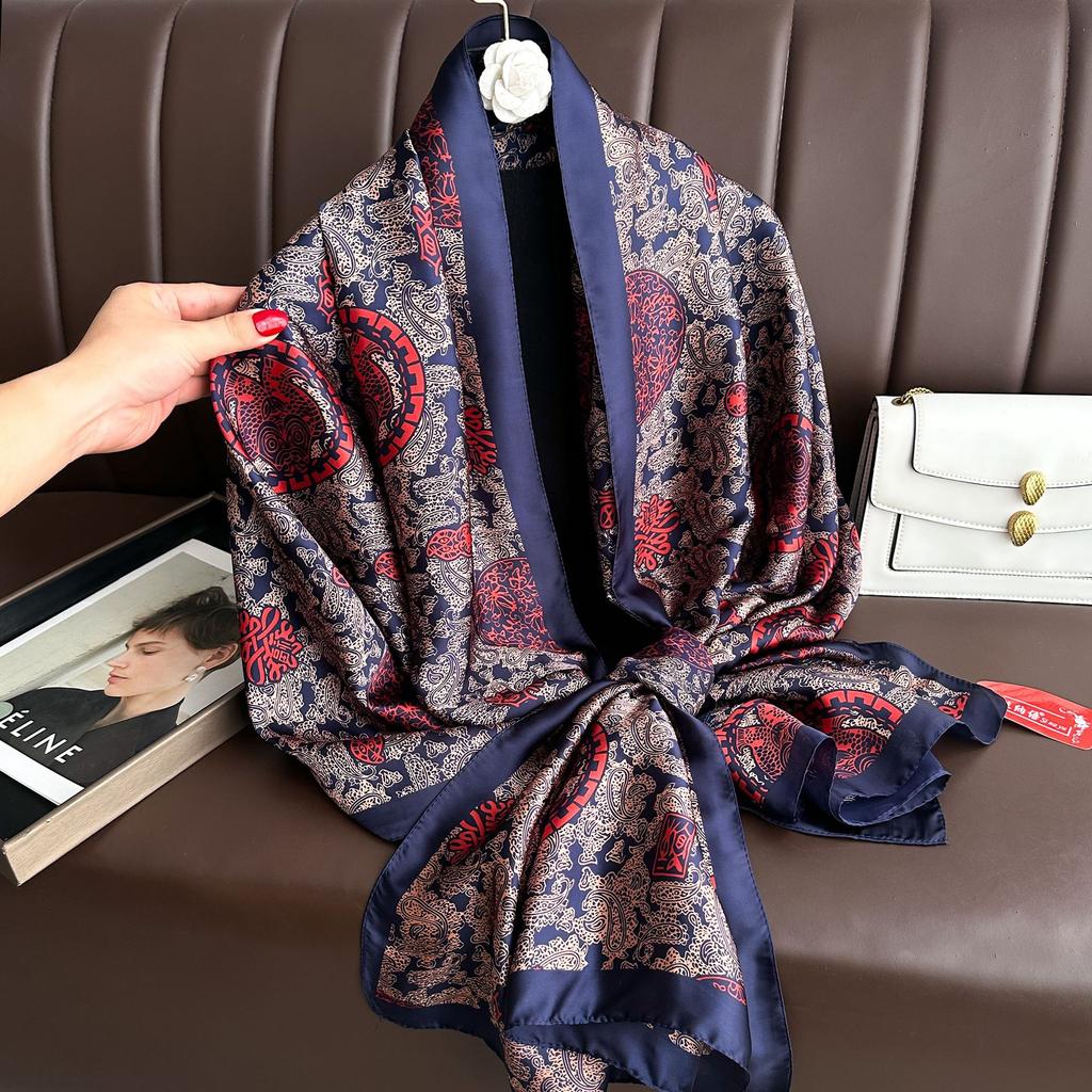 Long Silk Scarf Spring and Summer Thin Style Printed Scarf Beautiful Brocade Lotus Shawl Imitation Silk Scarf Gauze Scarf