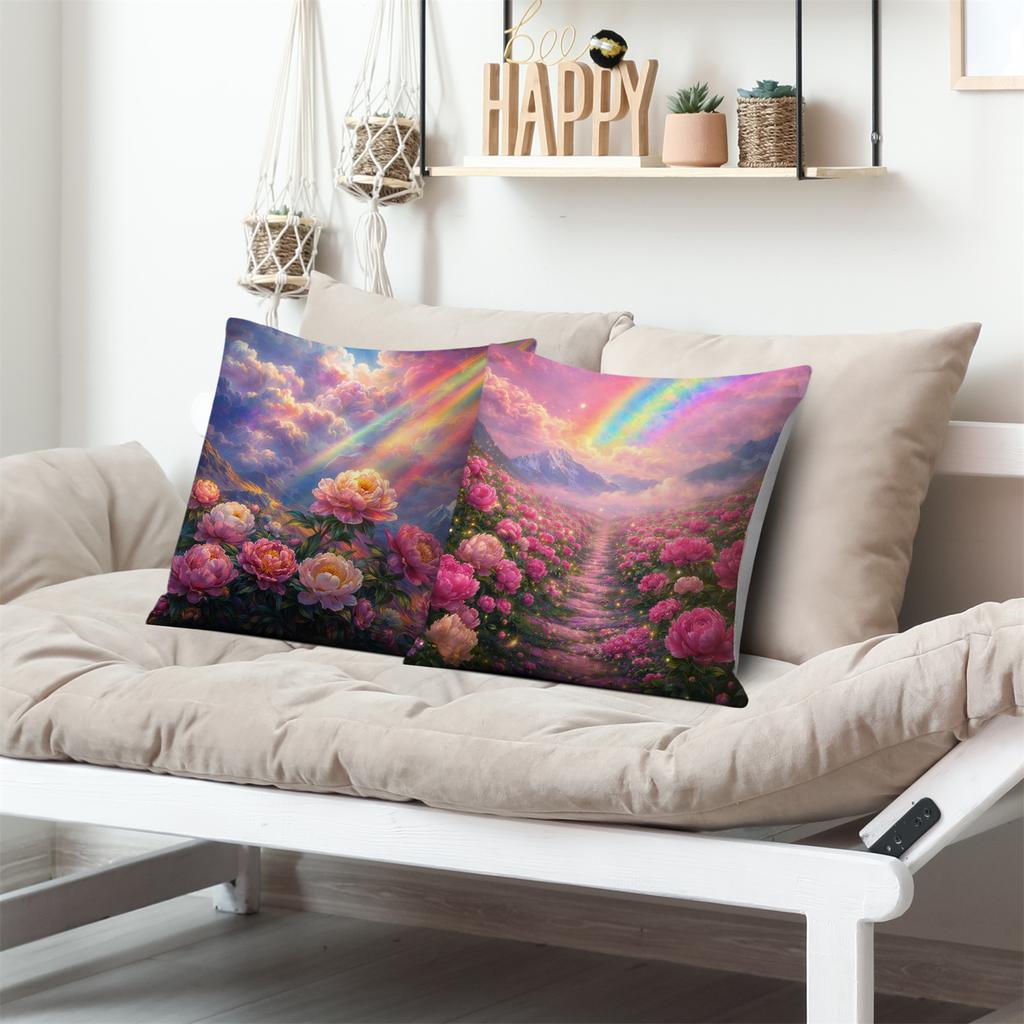 4Pcs Rainbow Peony Flower Sea Digital Printing Pillow Cover Short Plush Suitable Living Rooms Bedrooms Sofas Throw Cushion Cover