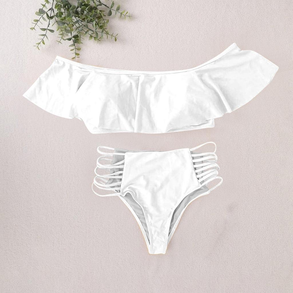 Женский модный однотонный раздельный купальник с открытыми плечами и оборками, комплект из 2 частей, пляжный купальник-бикини