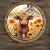 1pc, Sunflower and Highland Cattle Sign, Metal Tin Wreath Sign, Round Sign, Wreath Enhancer (8x8 Inches 20x20CM), Wall Decor