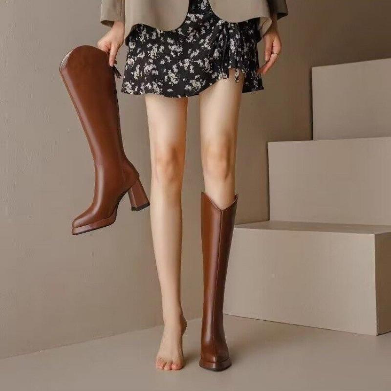 Весна/осень квадратный носок современные сапоги до колена квадратный каблук 2024 горячая распродажа женская обувь пошив однотонные лаконичные женские сапоги