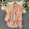 Women's Spring Fall Plus Size Blouse Casual Striped Tops Lady Button Up Lapel Long Sleeve Pocket Loose Shirt