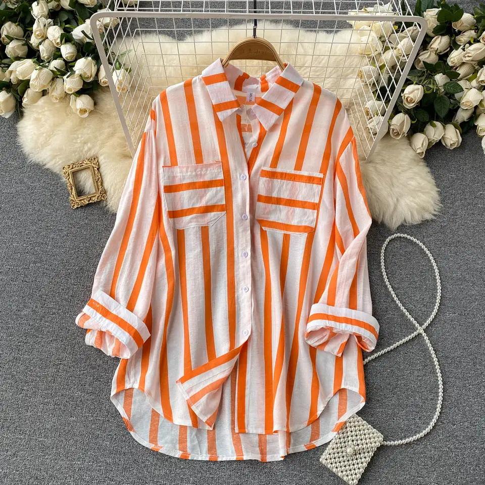 Women's Spring Fall Plus Size Blouse Casual Striped Tops Lady Button Up Lapel Long Sleeve Pocket Loose Shirt