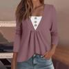Women's Fashion Casual Long Sleeve Shirt Solid Color Button V Neck Up Tops