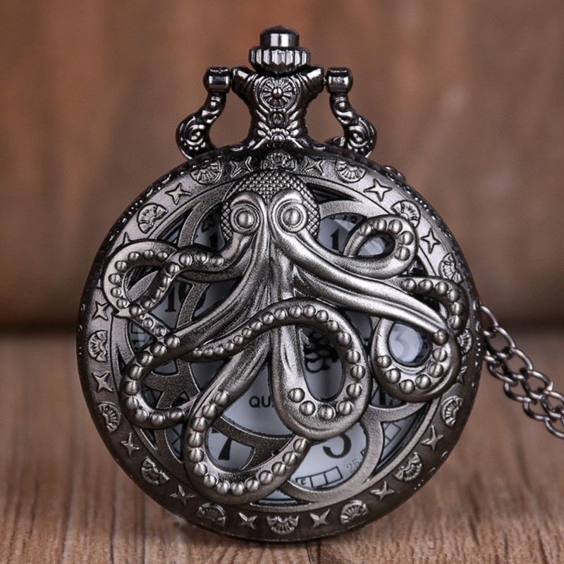 Карманные часы Octopus Quartz в стиле ретро из бронзы с цепочкой на цепочке в подарок для мужчин и женщин