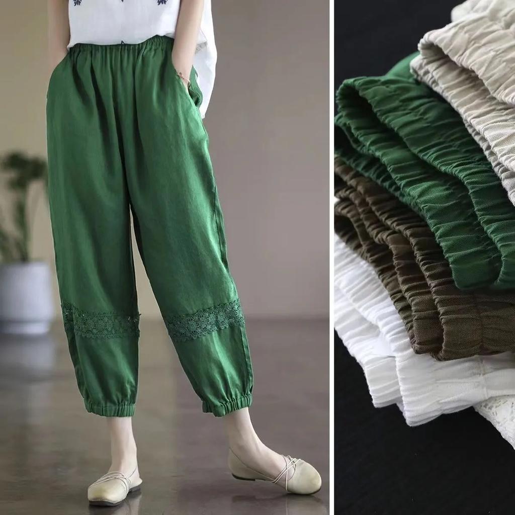 Women's Retro Lace Patchwork Summer Cotton and Linen New Cropped Pants Lantern Pants Design Sense Versatile Pure Cotton Casual Pants