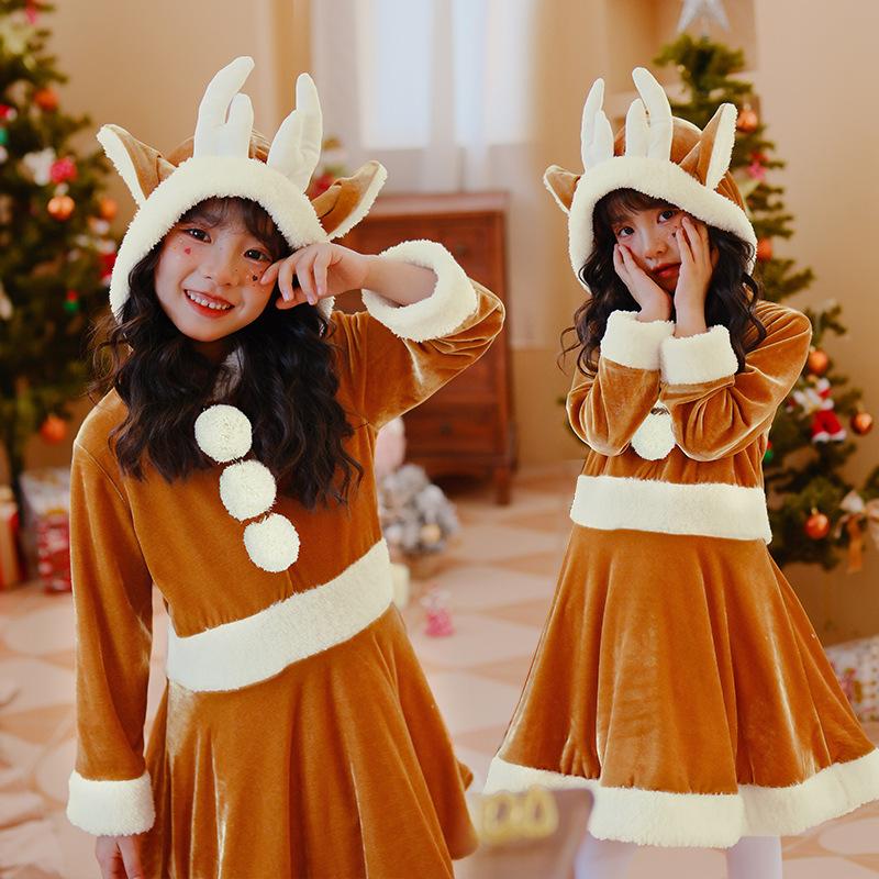 Japanese version of Christmas children's clothing: reindeer dress, skirt, kindergarten outfit for girls, baby Santa Claus long-sleeved dress