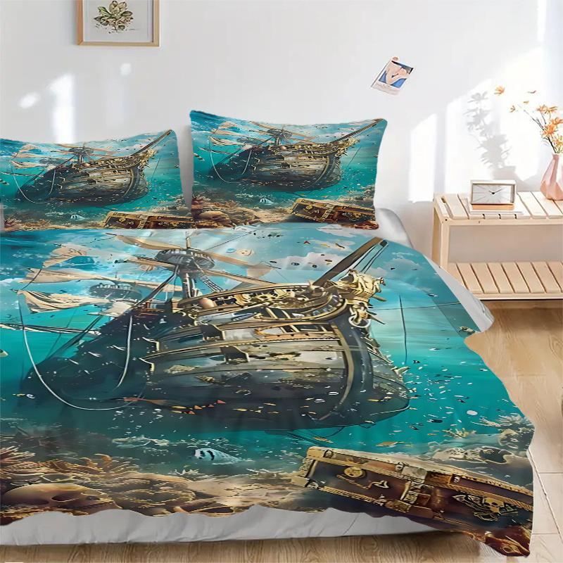 3pcs Pirate Ship Treasure Chest Skull Home Decor Bedding Set - Includes One Quilt Cover and Two Pillowcases (No Core) - Anime Cartoon Design for Bedro