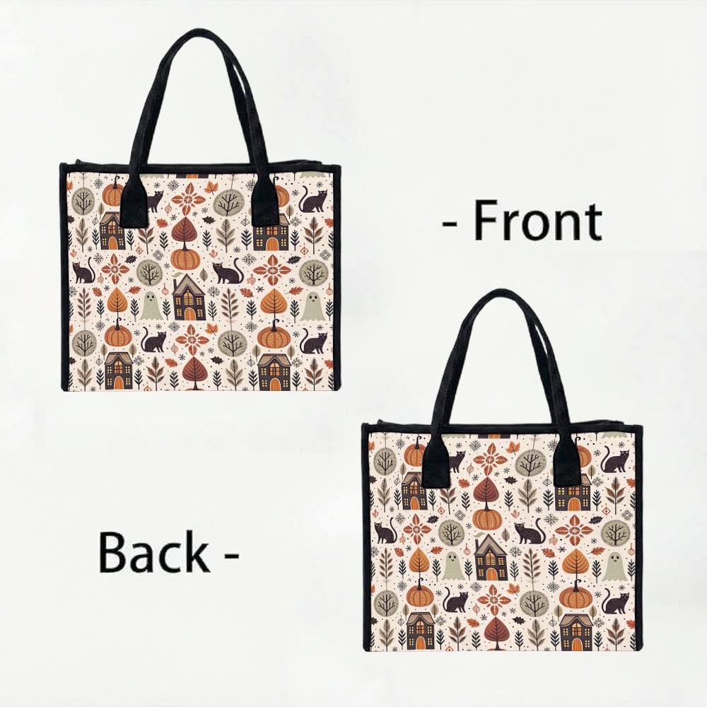 Halloween Themed Tote Bag Portable Casual Canvas Shopping Handbag for Daily Use