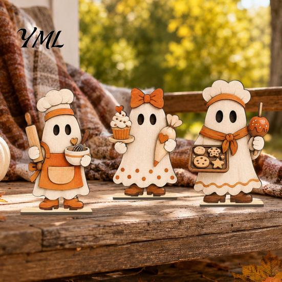 Wooden Harvest Decorations 3 Pcs Vintage Ghost Tabletop Centerpiece, Rustic Chef Block Sign, Small Sculpture Freestanding Farmhouse Tiered Tray