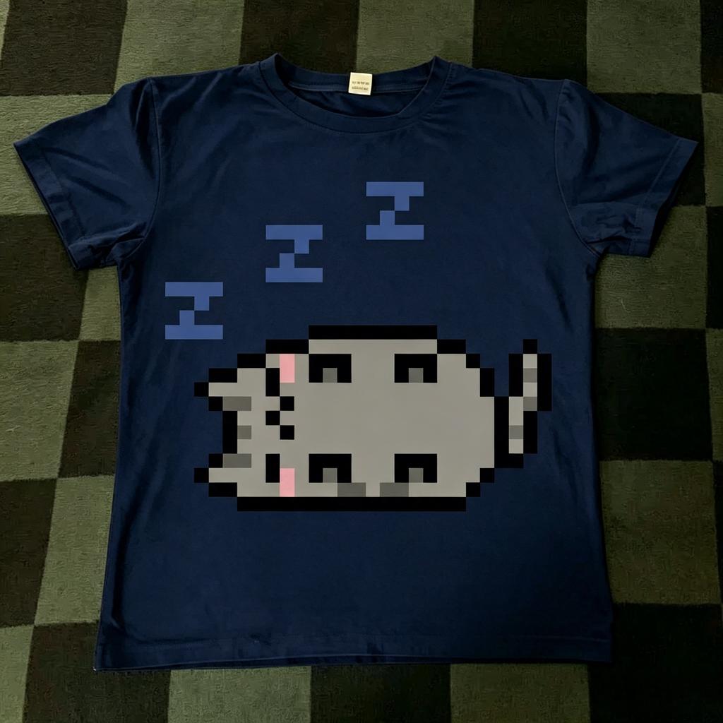 Cute Sleepy Gray Pixel Cat Three Zzz Symbol Graphic T Shirt Simple Pixel Animal Print Cotton Unisexs and Womens T Shirt