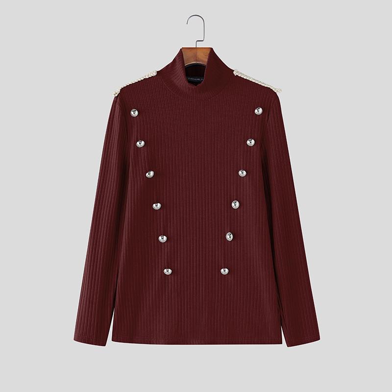 INCERUN Весенние мужские футболки с высоким воротом, длинным рукавом, декоративными пуговицами, приталенные, топы, майки