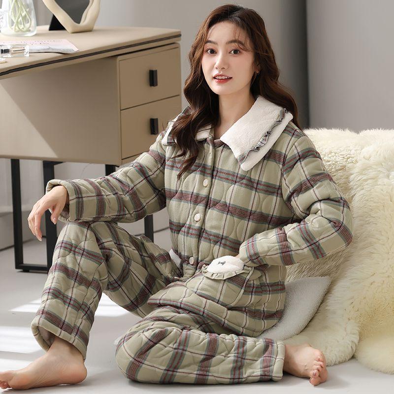 Новая осенне-зимняя женская пижама с хлопковой подкладкой, теплая домашняя одежда из хлопка, трехслойная одежда для сна большого размера, домашний костюм