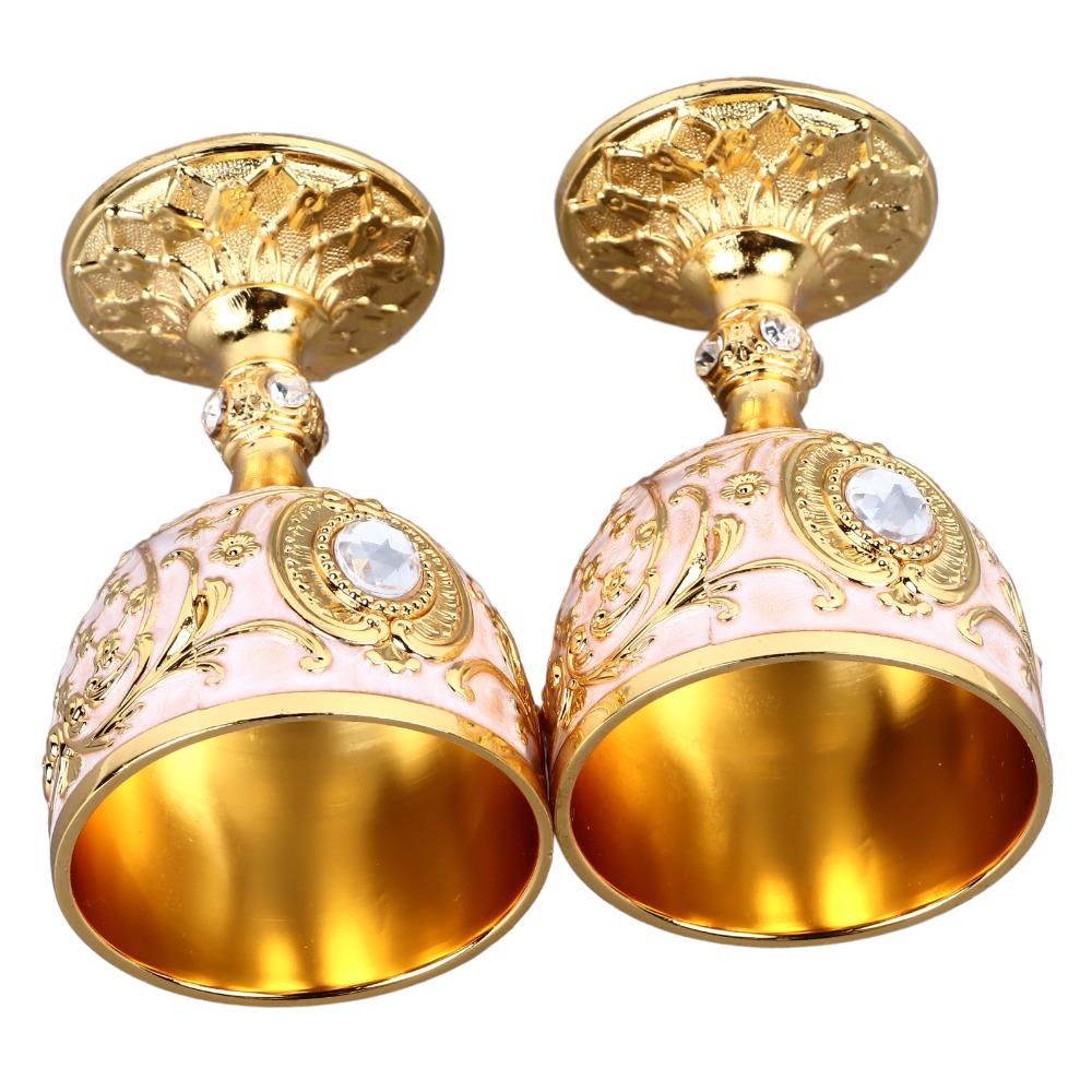 2PCS Small Zinc Alloy Goblet Gold White Embossed Wine Glass Retro Metal Cup Banquet Celebration