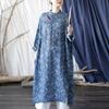 Johnature Women Bat Sleeve Linen Chinese Style Dress Print Floral Stand Button Cheongsam Autumn Loose A-Line Dresses