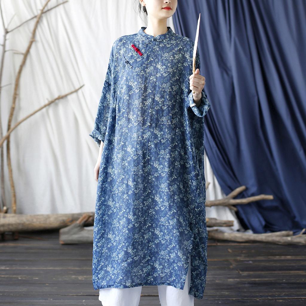 Johnature Women Bat Sleeve Linen Chinese Style Dress Print Floral Stand Button Cheongsam Autumn Loose A-Line Dresses