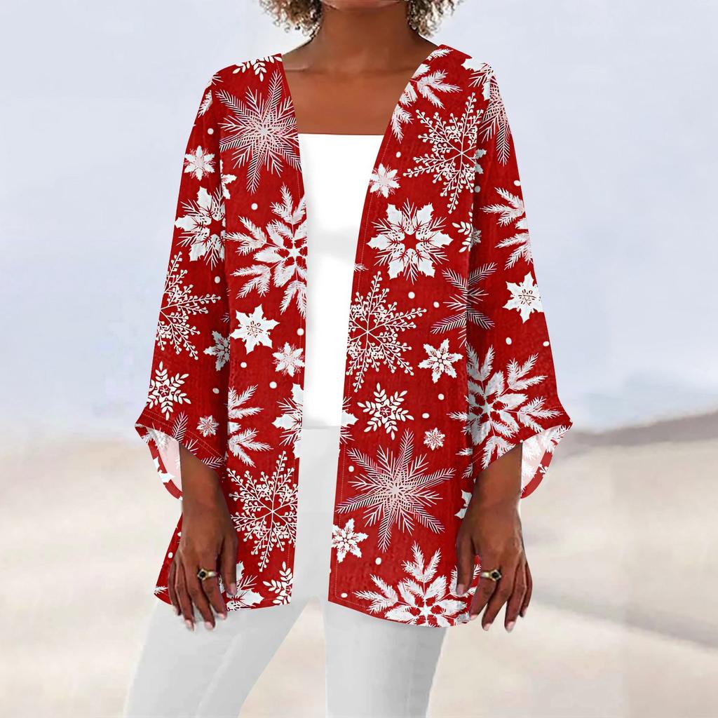 Женская повседневная мода Caot с рождественским принтом Легкая куртка средней длины Кардиган