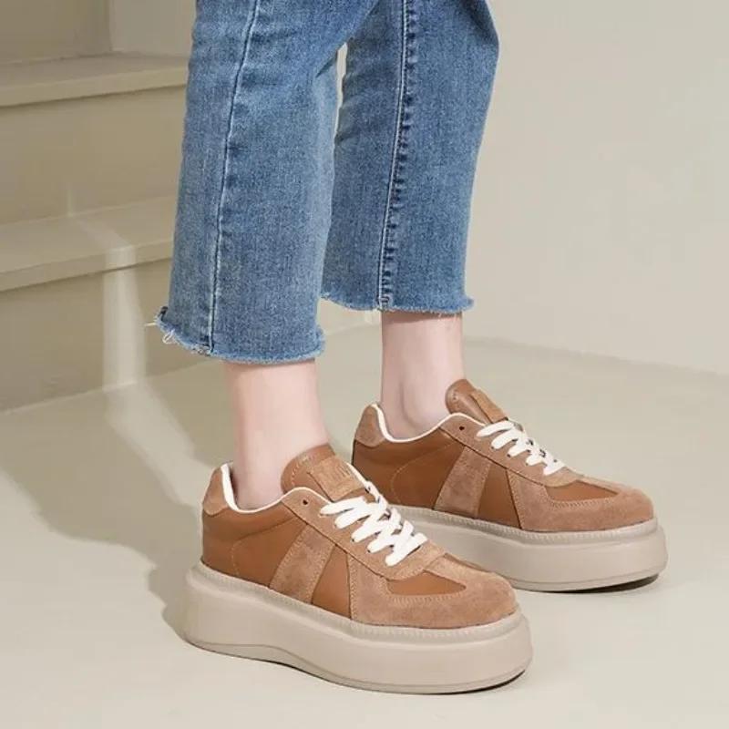 6CM Genuine Leather Women Casual Women Fashion Sneakers Chunky Shoes Spring Autumn Shoes Super Thick Platform Wedge Skateboard