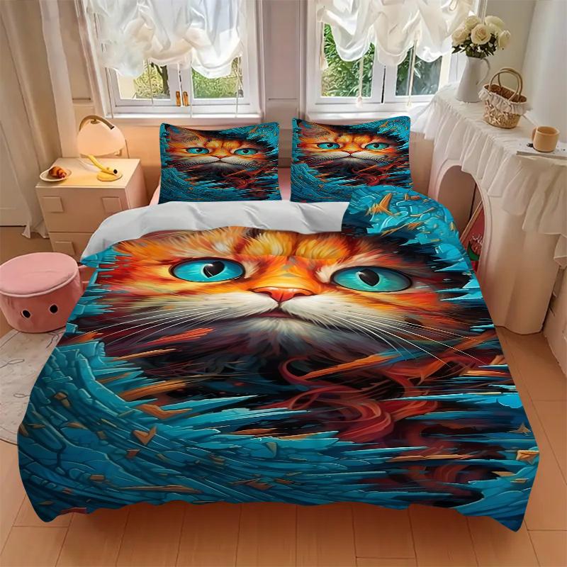 3Pcs Abstract Cat Portrait Bedding Set Soft Fabric Duvet Cover Pillowcases Home Christmas Xmas Halloween Gift 1 Duvet Cover 2 Pillowcase G1143