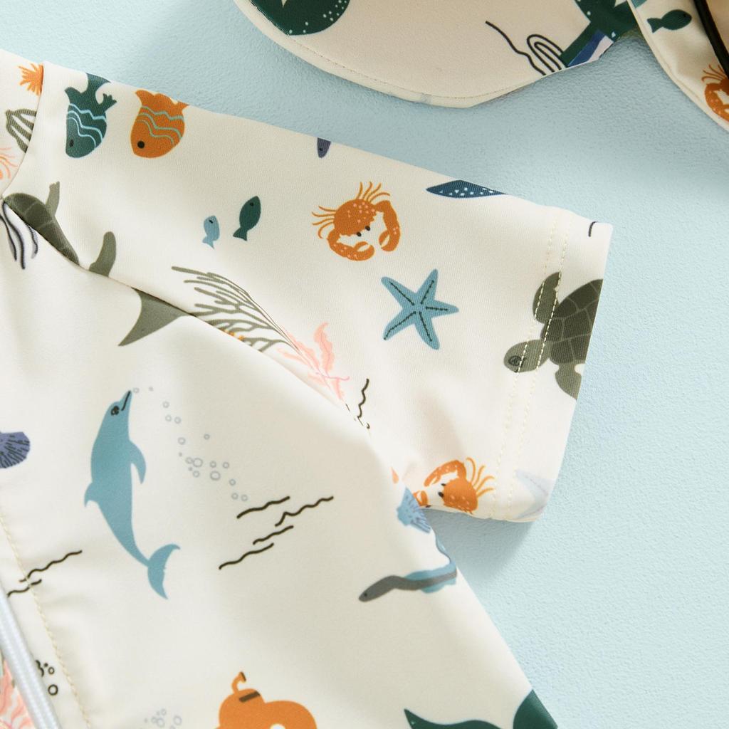 Купальник для маленьких мальчиков 3, 6, 12 месяцев, 2, 3 лет, солнцезащитный купальник с короткими рукавами и круглым вырезом, на молнии с животным принтом и шляпой