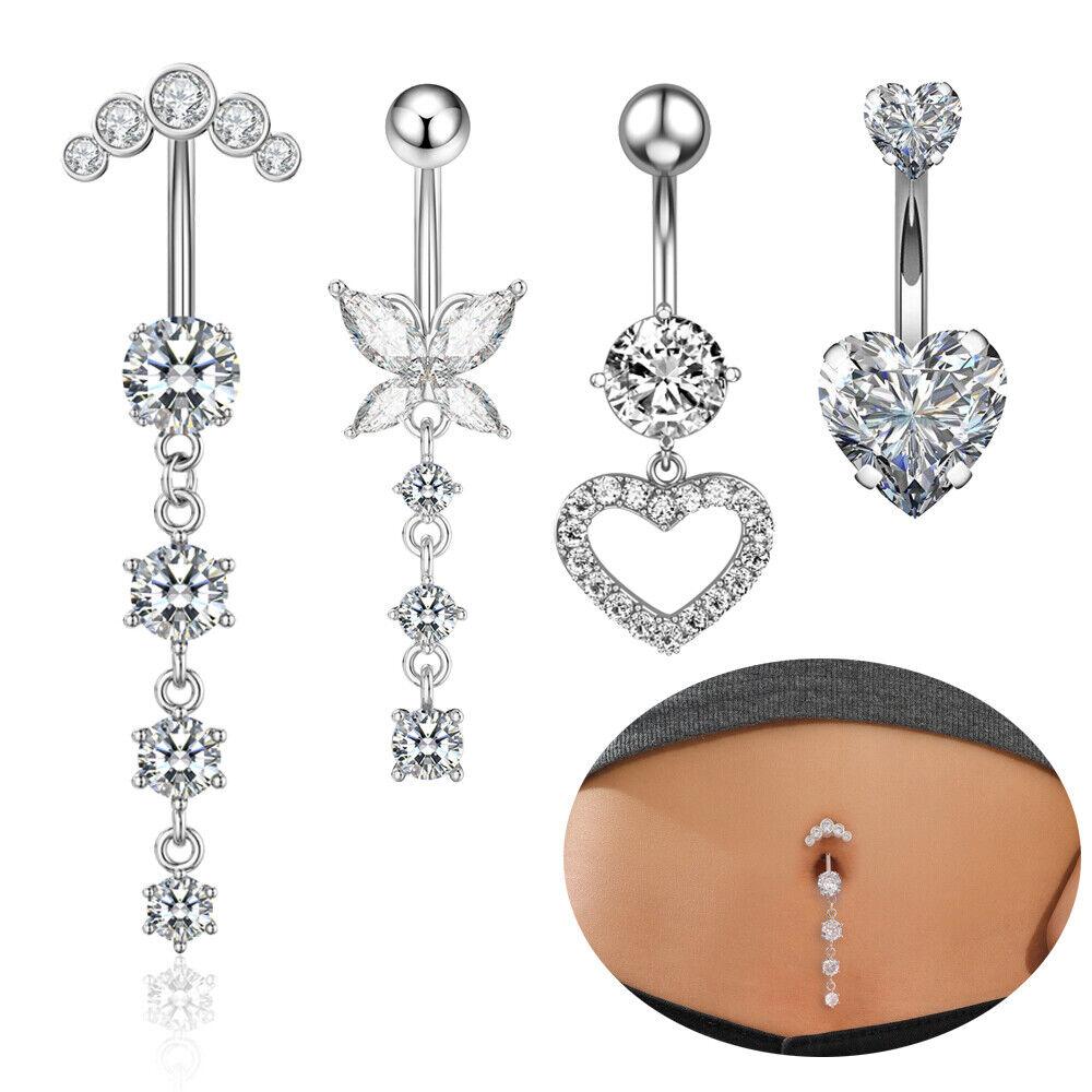 14G Dangle Belly Button Rings Surgical Steel Silver Belly Button Rings Dangling CZ Belly Rings for Women Belly Button Piercing Jewelry