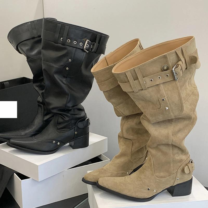 2025 Ретро Дизайн Плиссированный Острый Носок Ремешок с Пряжкой Женские Сапоги до Колена Обувь на Низком Каблуке Осень Длинные Женские Ботинки