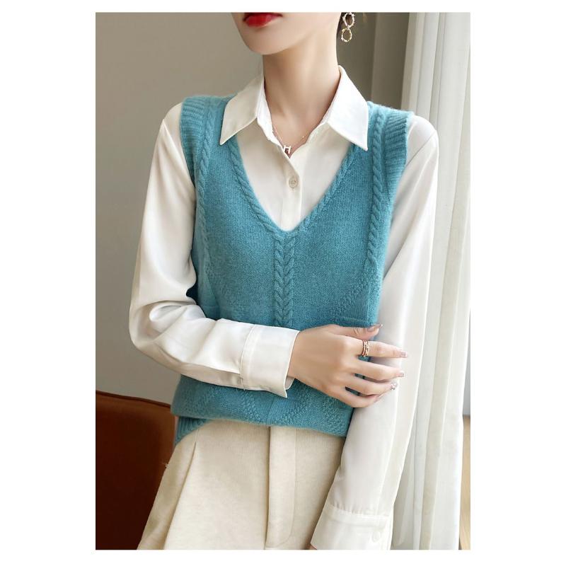 Женский новый сшивной пуловер V-образный вырез модный однотонный универсальный повседневный свободный безрукавный топ-жилет