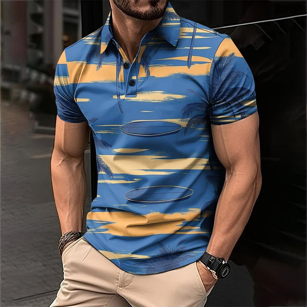 Мужская рубашка для гольфа с гавайским принтом, повседневная спортивная, с V-образным вырезом и коротким рукавом