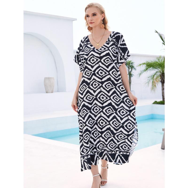 Плюс Размер Женщин Пляжный Принт Свободное Платье Накидка