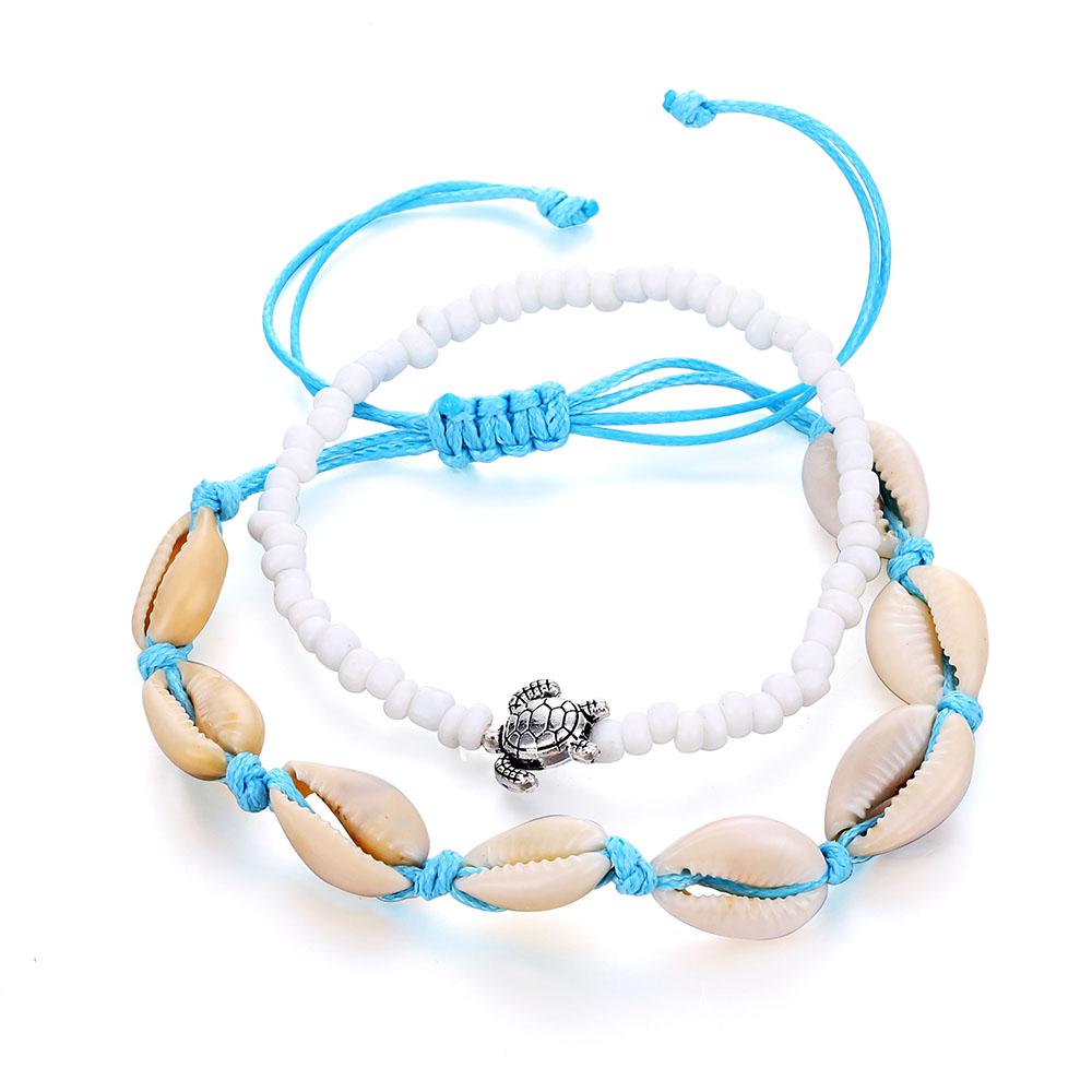 2 Pcs Charm Boho Fashion Turtle Shell Beads Anklets Set for Women Beach Party Jewelry