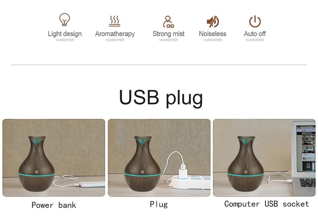 USB Деревянный Ваза Аромадиффузор: Сенсорный, 7-цветный ночник, увлажнитель 5 В