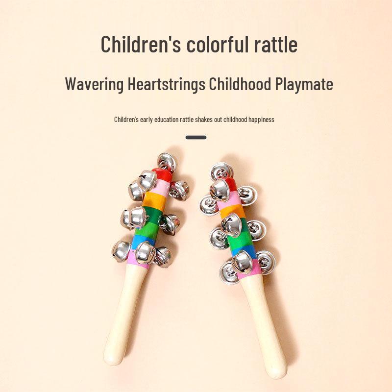 Rainbow Wooden Hand Rattle: 10 Bells Baby Soothing Toy