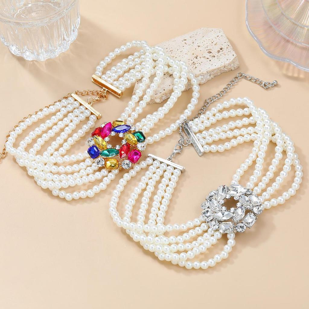 Multi-layer Imitation Pearl Necklace with Glass Diamond Flower - European & American Style Jewelry