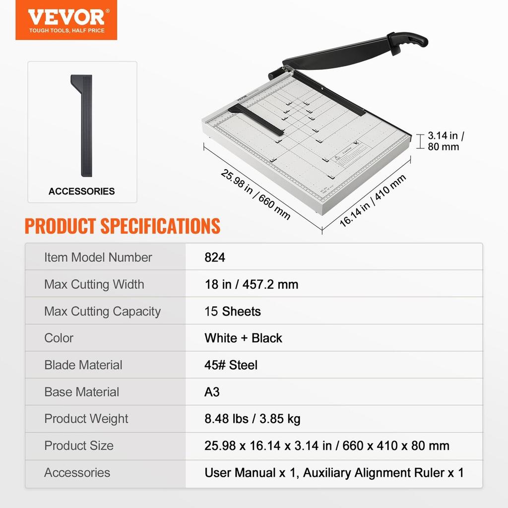 Paper Cutter, Guillotine Trimmer, 18" Cut Length, 20 Sheets Capacity, Heavy Duty Guillotine Paper Cutter with Guard Rail/Blade Lock for