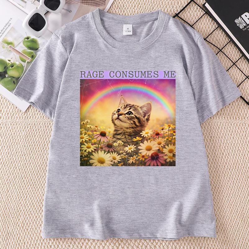 Retro Rage Consumes Me T Shirt Funny Kitten Graphic Tees Rainbow Cat Tee Unisex Casual Round Neck Printed Tees