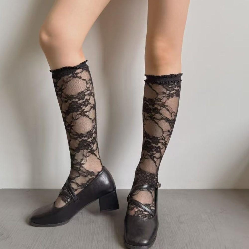 Ruffle Lolita JK Mid-Calf Socks Mid-Calf and Long Net Socks Flower Leg Warmers Transparent Hollow Out Lace Silk Hosiery