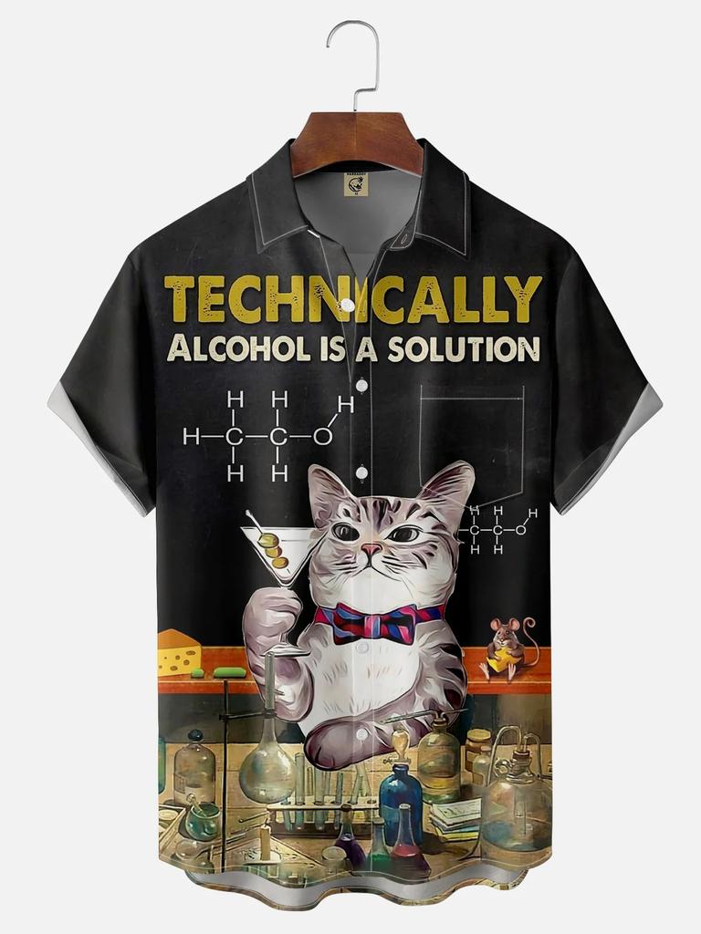 Retro Men's  Short Sleeve Shirt Summer New Casual Fun Hawaiian Ukiyoe Kitten Fishing Shark Print Lapel Short Sleeve Shirt
