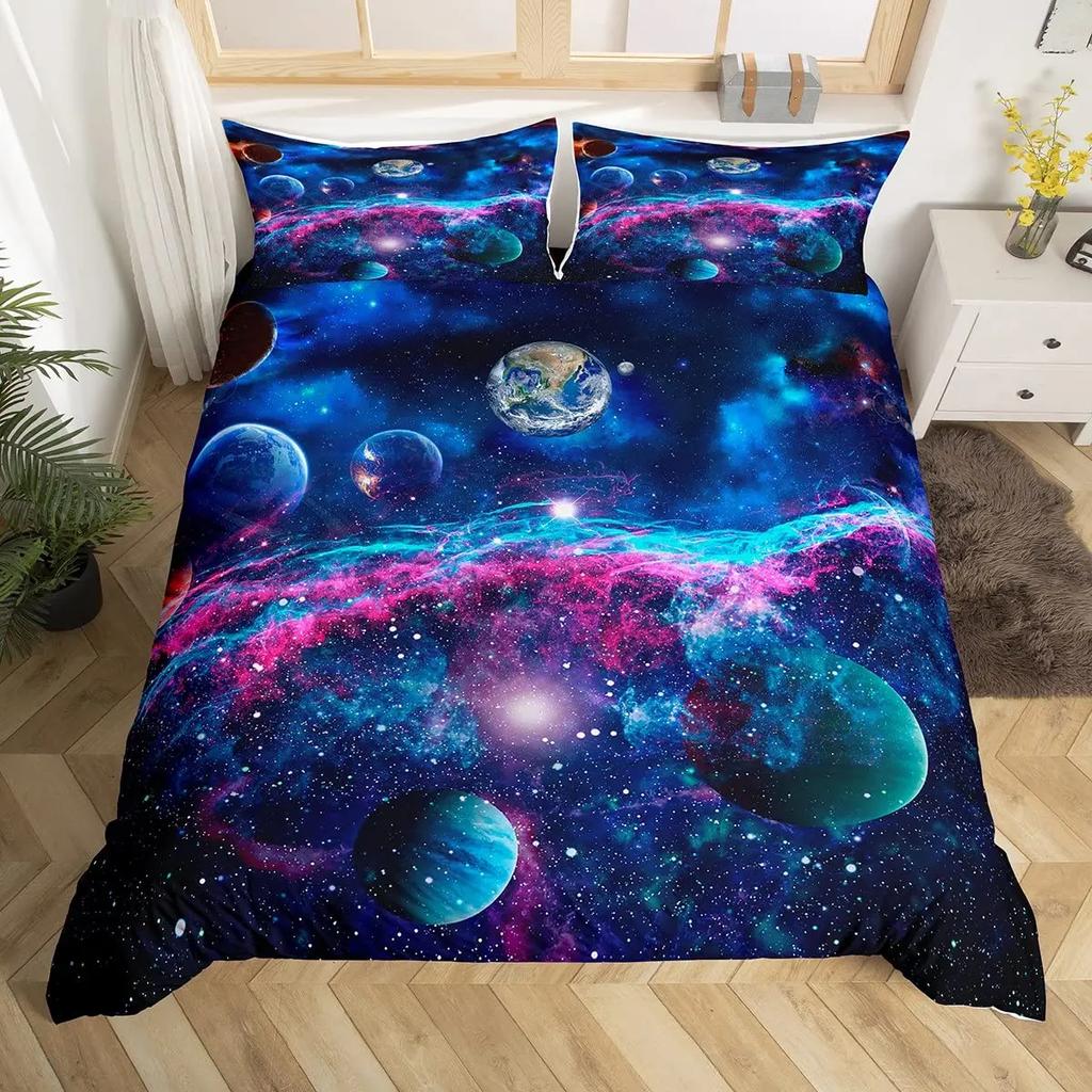 Пододеяльник Galaxy Lotus размера King Size Full Twin Синий Цветок Луна Постельный Комплект Для Подростков Взрослых Богемный Цветочный 2/3 шт.