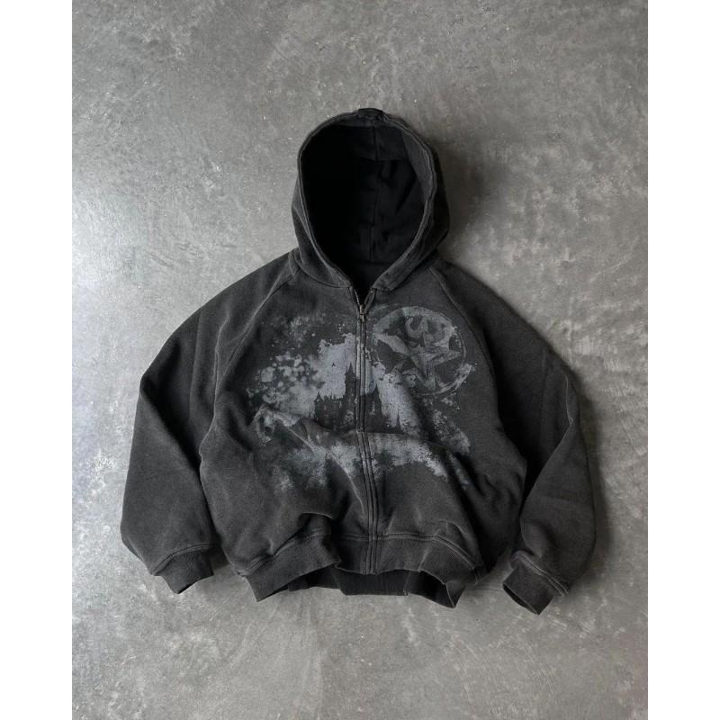 Y2K Skeleton Zip Hoodie 90s Retro Print Loose Fit Casual Sweatshirt