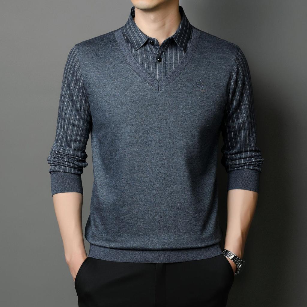 Men's Sweater Fake Two-piece Autumn New Shirt Collar Sweater Business Casual Men's Middle-aged Fashion Pullover