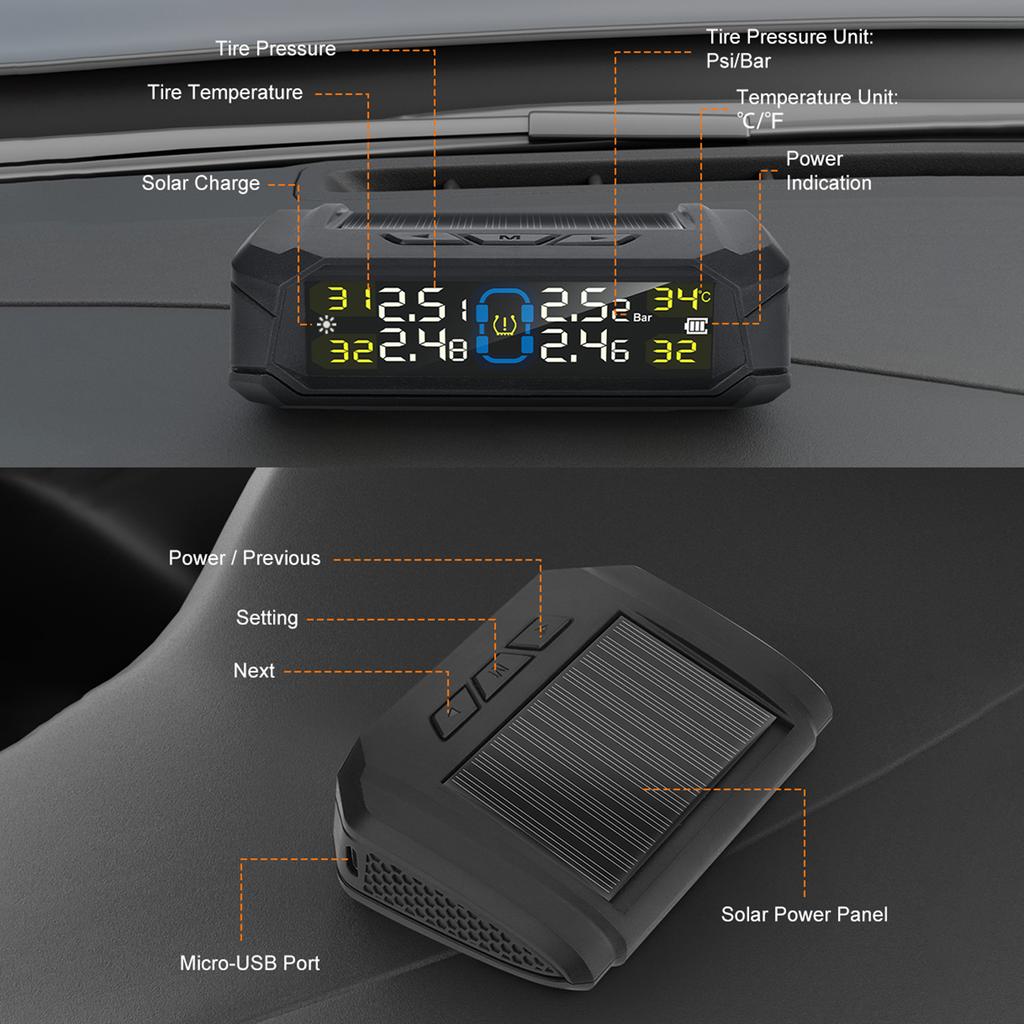 Wireless Tire Pressure Monitor HD LCD Display Real Time Alert Solar Powered USB Charging Tire Pressure Monitoring System
