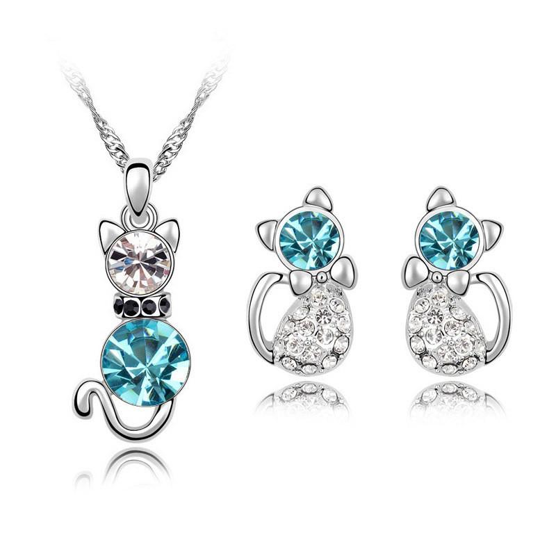 Crystal Cat 3pcs Shaped Necklace Earrings Jewelry Set  Gift Teen Girls Women For