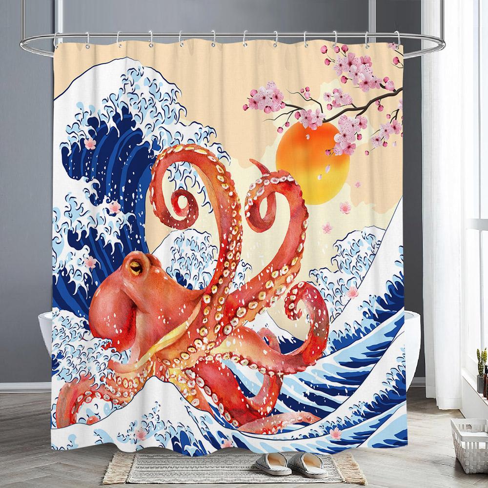 Ветка цветущей красной сливы Японская китайская занавеска для душа Восточное солнце Туманные горы Чернила Природа Пейзаж Ванная комната Искусство Шторы