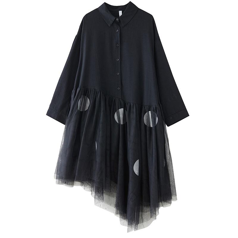 Платье-рубашка с длинным рукавом, большого размера, черное, из хлопковой сетки в винтажный горошек, новое, для женщин, повседневное, свободное, весеннее, осеннее