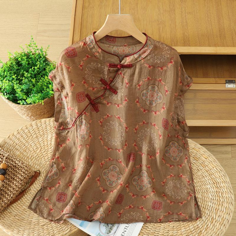 Vintage Chinese Style Loose Printed Frog Button Slant Placket Stand Collar Sleeveless Shirt