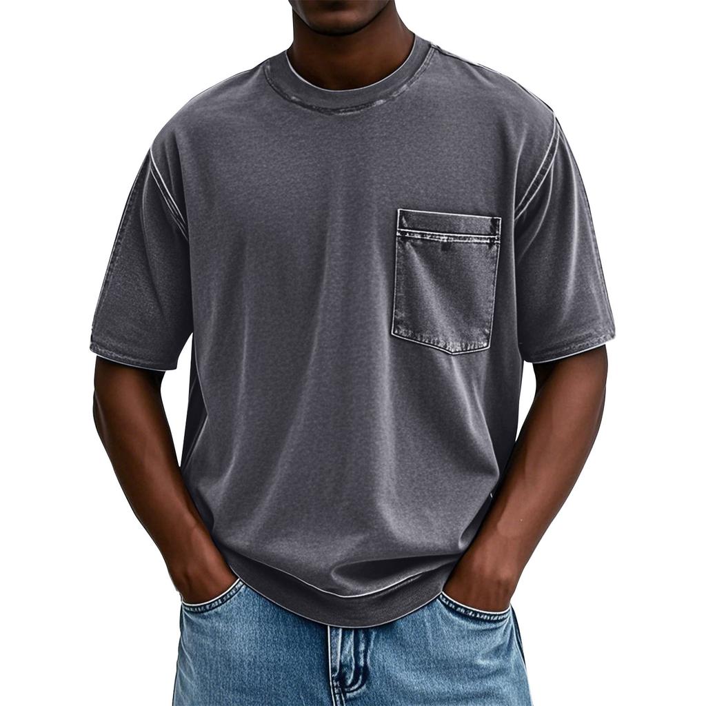Men's Summer Solid Color Round Neck Loose Pocket Short Sleeve Top