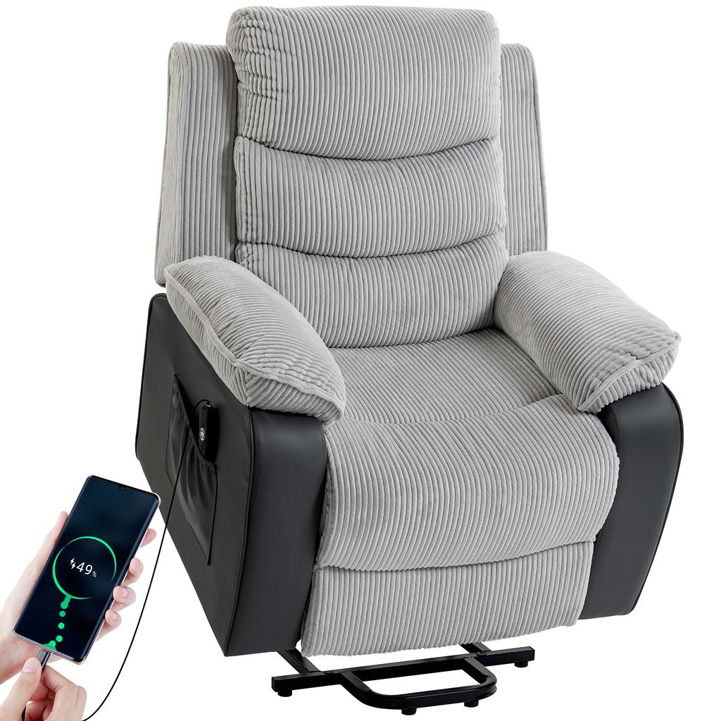 Overstuffed Corduroy Electric Lift Recliner Chair - Light Grey
