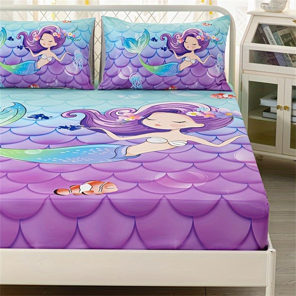 3 шт. Милая простыня на резинке с принтом русалки и океана, мягкий удобный постельный набор, для спальни, гостевой комнаты 1*простыня на резинке+2*наволочки